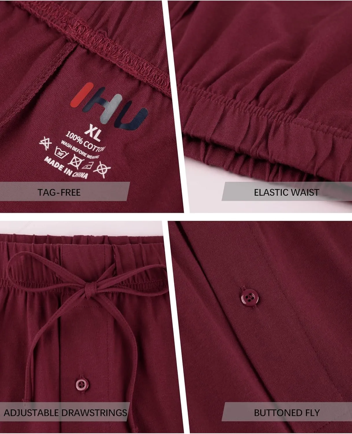 IHU 3 Pack Men's Cotton Pajama Shorts - Soft Sleepwear & Lounge Bottoms with Drawstring & Pockets Sleep Shorts for Men