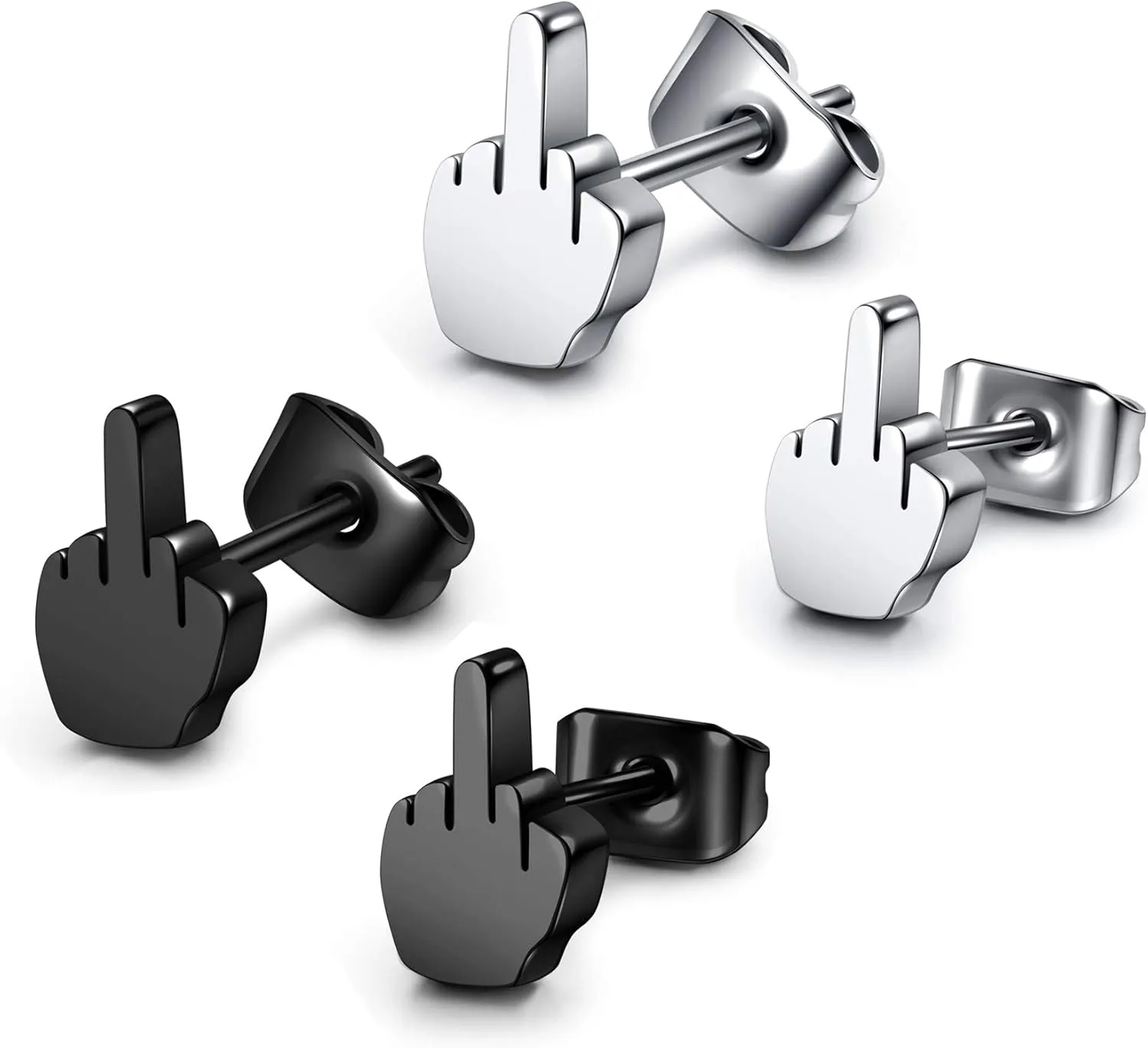 JOVIVI 2pairs Punk Stainless Steel 20g Silver Black Middle Finger Ear Studs Earrings Womens Mens