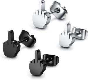 JOVIVI 2pairs Punk Stainless Steel 20g Silver Black Middle Finger Ear Studs Earrings Womens Mens