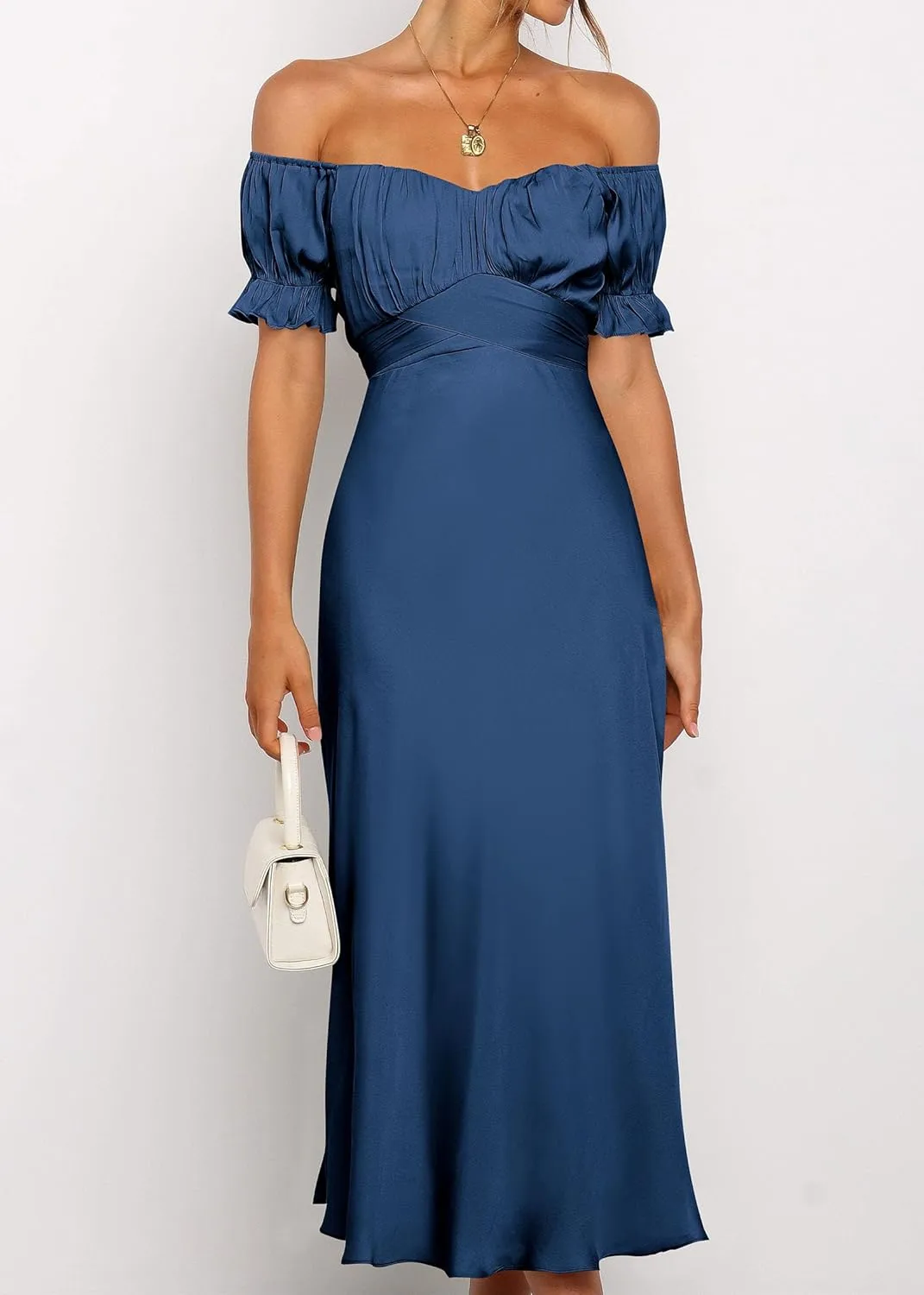 KIRUNDO Women's 2025 Summer Satin Midi Dress Off The Shoulder Wrap Ruched Wedding Guest Party Cocktail Formal Prom Dresses