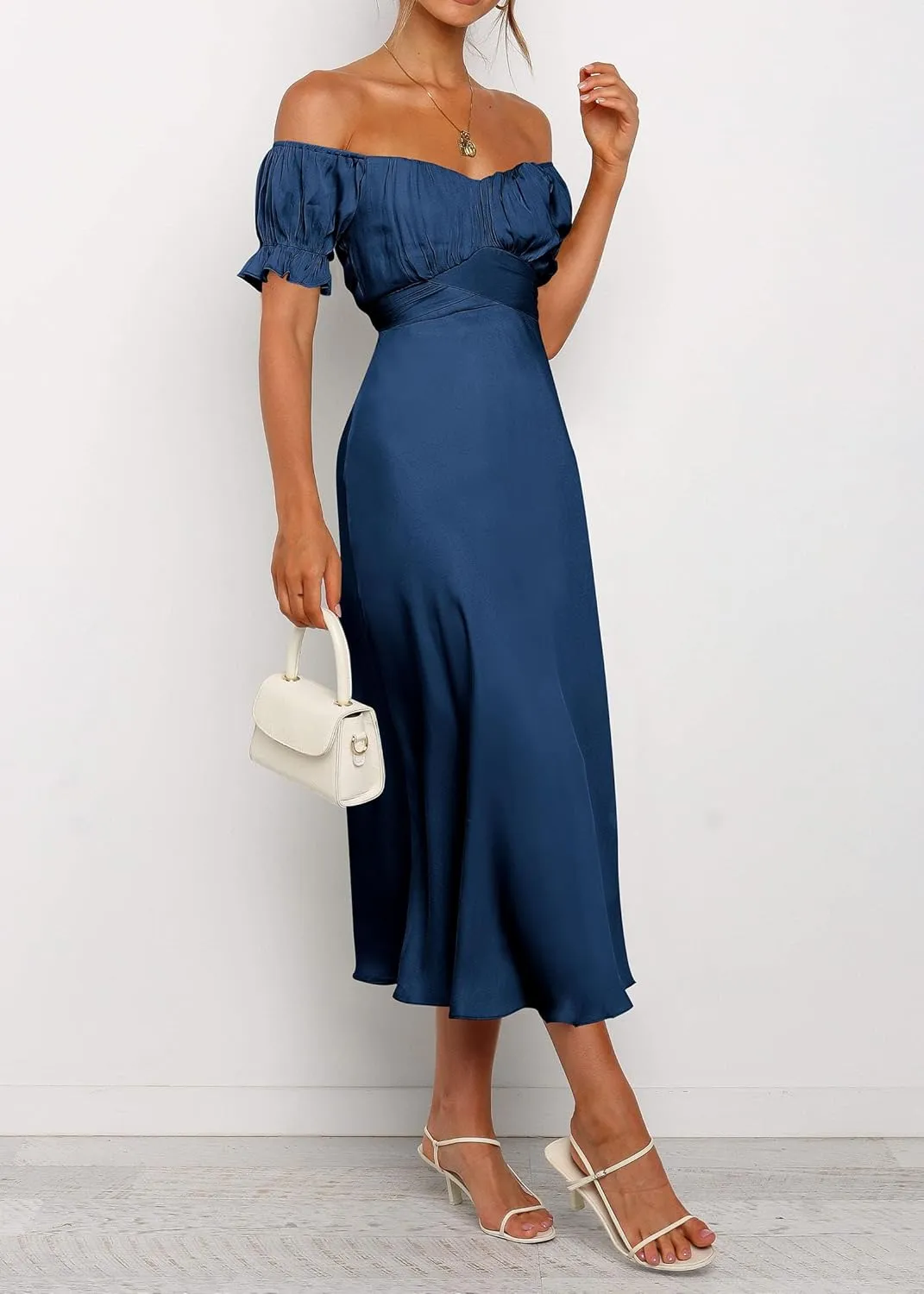 KIRUNDO Women's 2025 Summer Satin Midi Dress Off The Shoulder Wrap Ruched Wedding Guest Party Cocktail Formal Prom Dresses