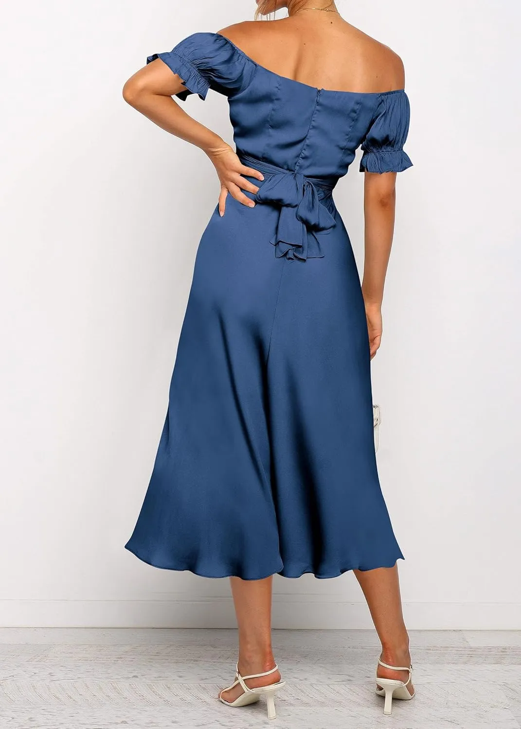 KIRUNDO Women's 2025 Summer Satin Midi Dress Off The Shoulder Wrap Ruched Wedding Guest Party Cocktail Formal Prom Dresses