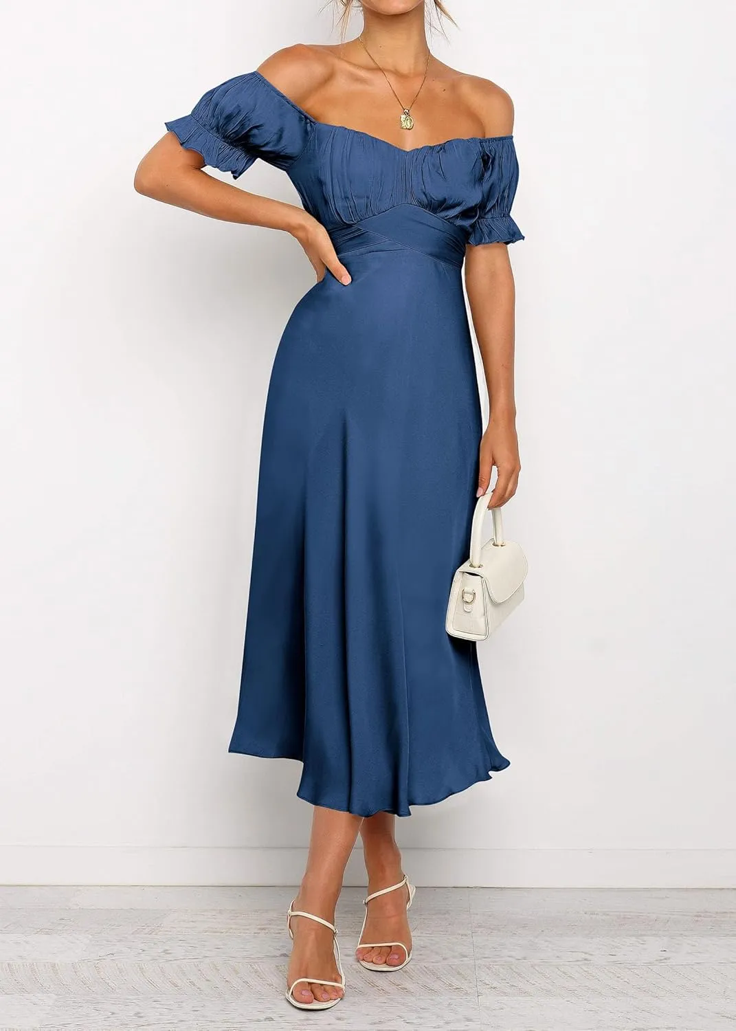 KIRUNDO Women's 2025 Summer Satin Midi Dress Off The Shoulder Wrap Ruched Wedding Guest Party Cocktail Formal Prom Dresses