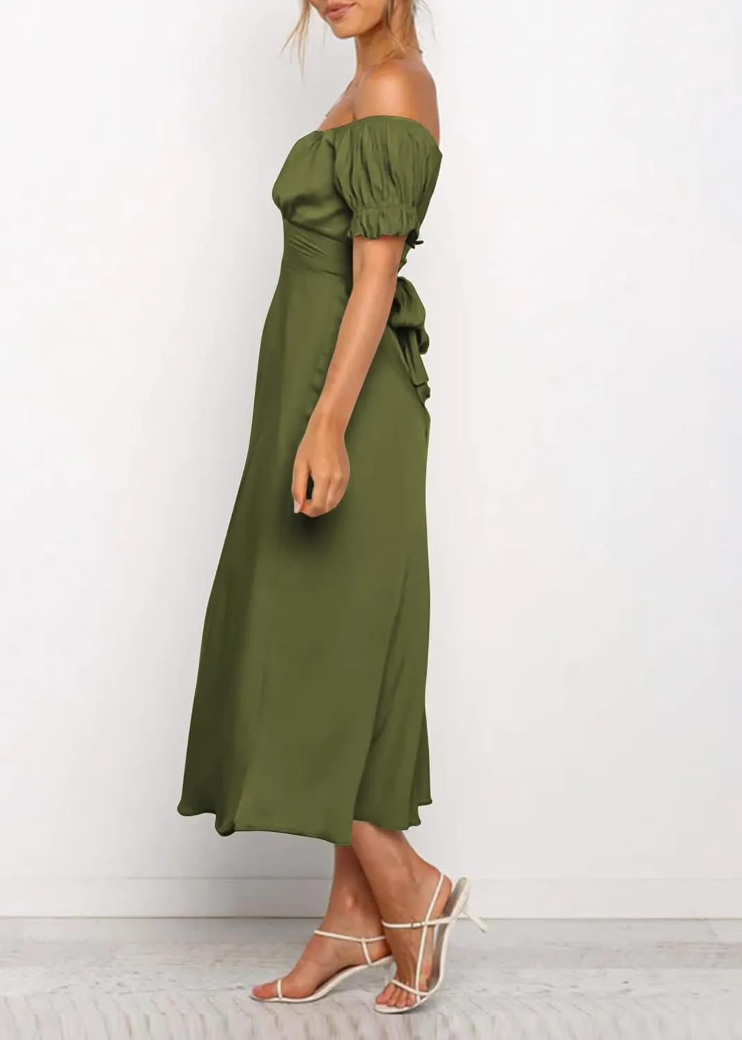 KIRUNDO Women's 2025 Summer Satin Midi Dress Off The Shoulder Wrap Ruched Wedding Guest Party Cocktail Formal Prom Dresses