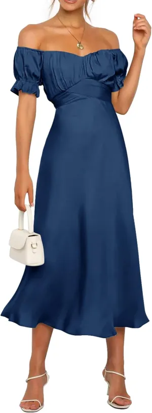 KIRUNDO Women's 2025 Summer Satin Midi Dress Off The Shoulder Wrap Ruched Wedding Guest Party Cocktail Formal Prom Dresses