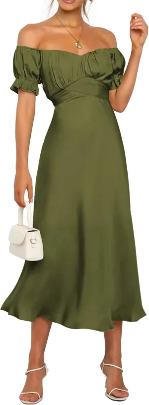 KIRUNDO Women's 2025 Summer Satin Midi Dress Off The Shoulder Wrap Ruched Wedding Guest Party Cocktail Formal Prom Dresses
