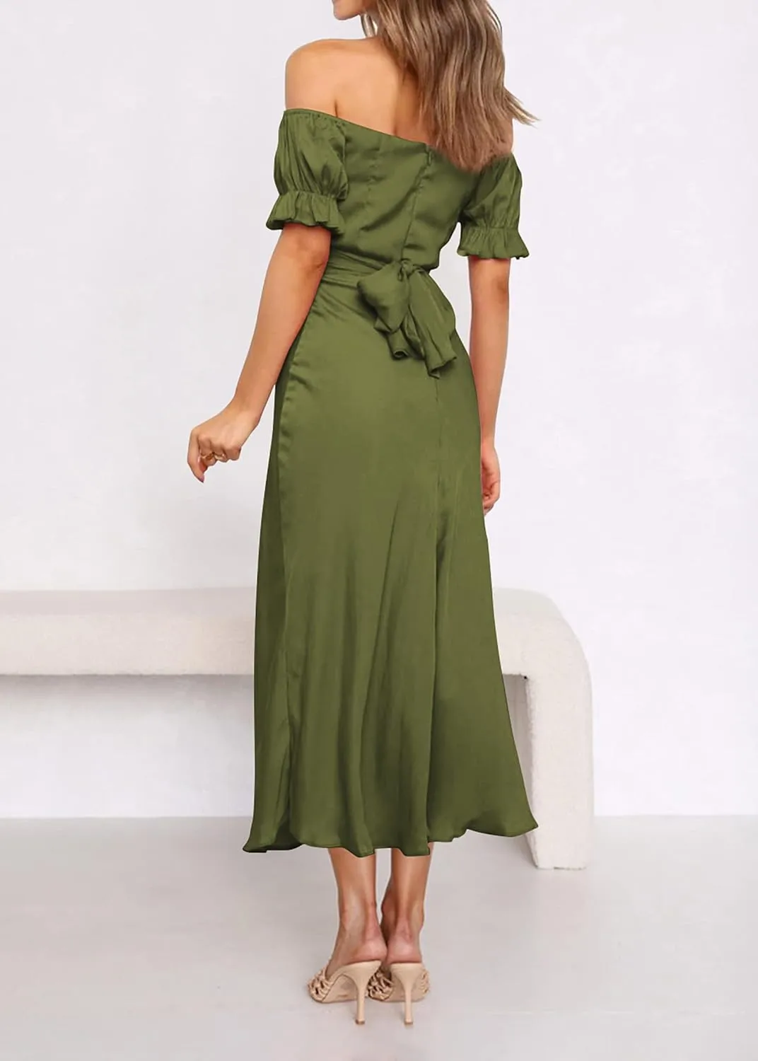 KIRUNDO Women's 2025 Summer Satin Midi Dress Off The Shoulder Wrap Ruched Wedding Guest Party Cocktail Formal Prom Dresses