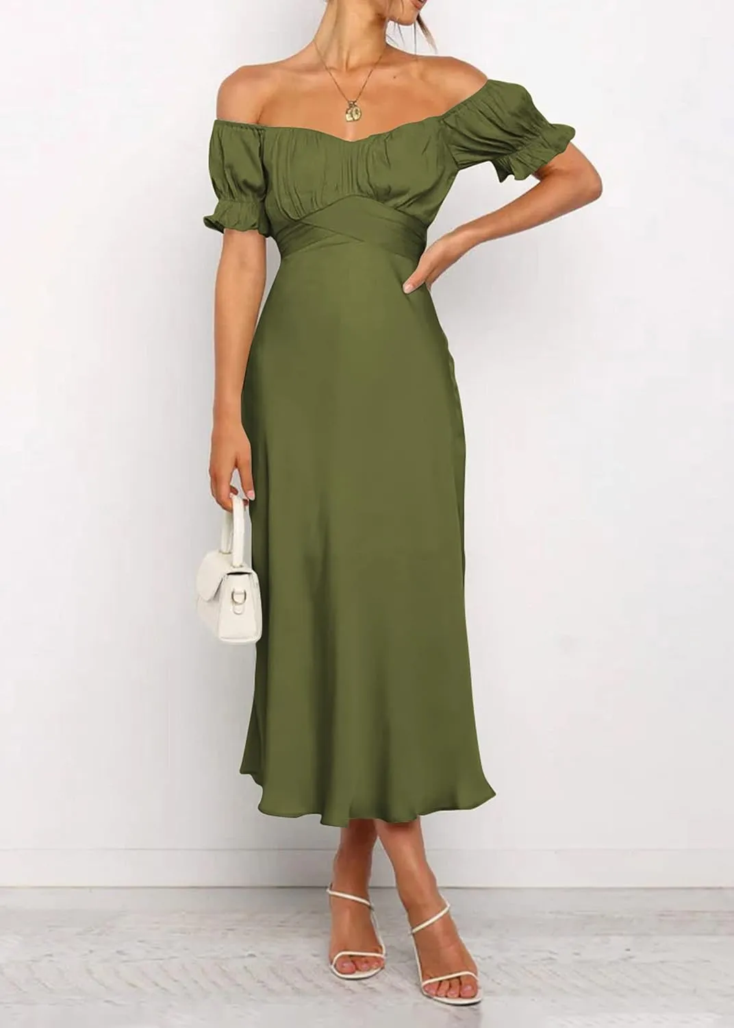 KIRUNDO Women's 2025 Summer Satin Midi Dress Off The Shoulder Wrap Ruched Wedding Guest Party Cocktail Formal Prom Dresses