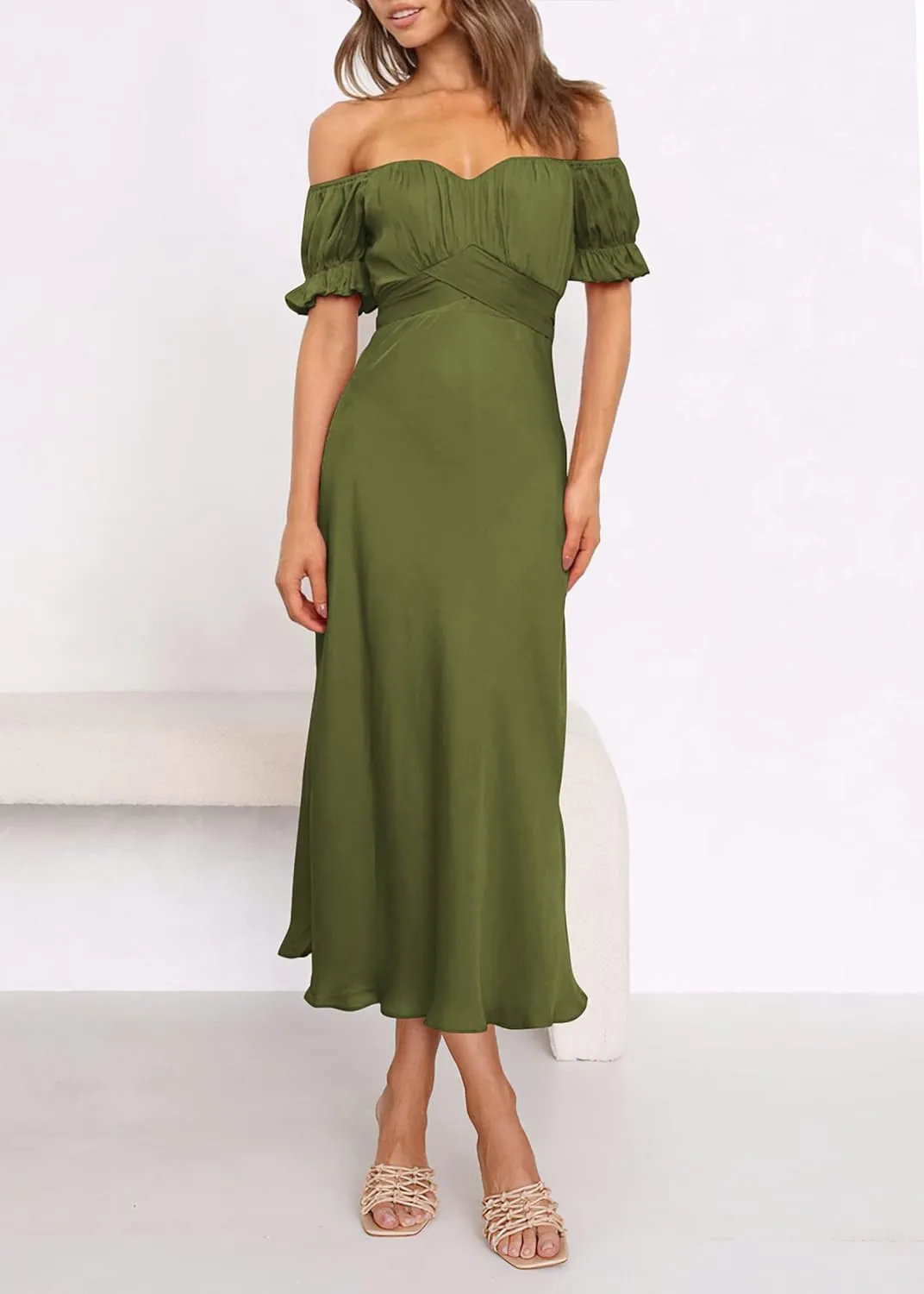 KIRUNDO Women's 2025 Summer Satin Midi Dress Off The Shoulder Wrap Ruched Wedding Guest Party Cocktail Formal Prom Dresses