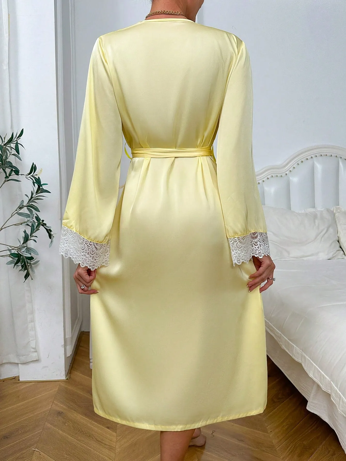 Lace Trimmed Satin Romantic Women Bathrobe