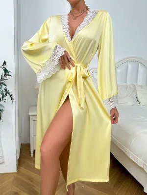 Lace Trimmed Satin Romantic Women Bathrobe