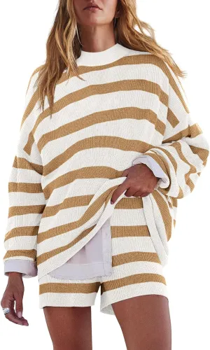 LAMISSCHE Womens Oversized Lounge Sets 2 Piece Outfits Striped Matching Pajama Set Long Sleeve Sweater Set