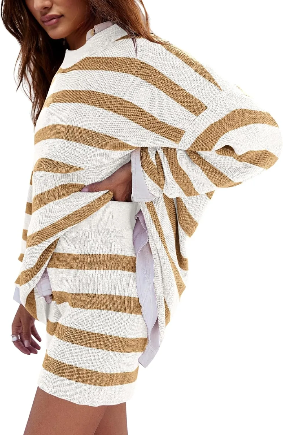 LAMISSCHE Womens Oversized Lounge Sets 2 Piece Outfits Striped Matching Pajama Set Long Sleeve Sweater Set