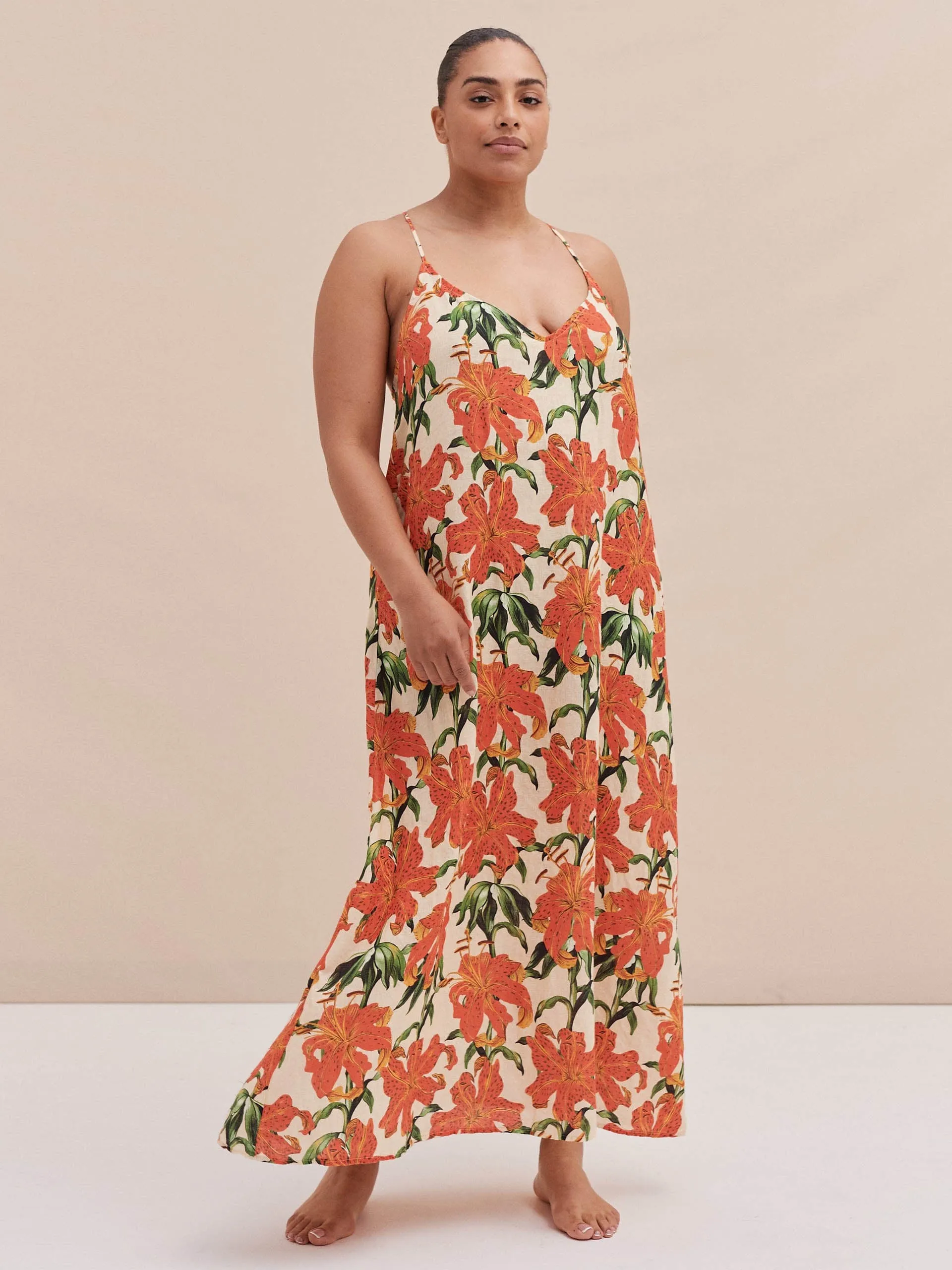 Linen A-line nightdress in Lilium Orange Cream
