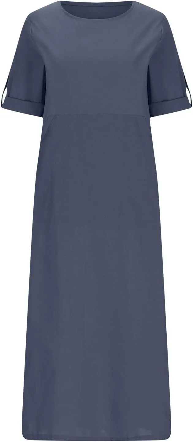 Linen Dresses for Women 2025 Cuffed Sleeve Crewneck Solid Color Long Cotton Dress Spring Maxi Dress with Pockets