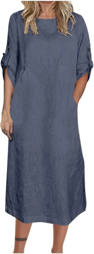 Linen Dresses for Women 2025 Cuffed Sleeve Crewneck Solid Color Long Cotton Dress Spring Maxi Dress with Pockets