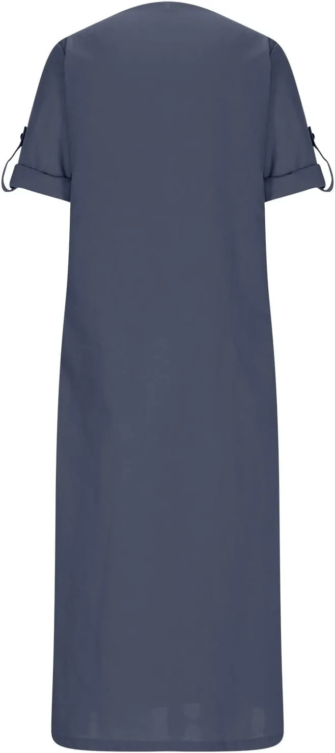 Linen Dresses for Women 2025 Cuffed Sleeve Crewneck Solid Color Long Cotton Dress Spring Maxi Dress with Pockets