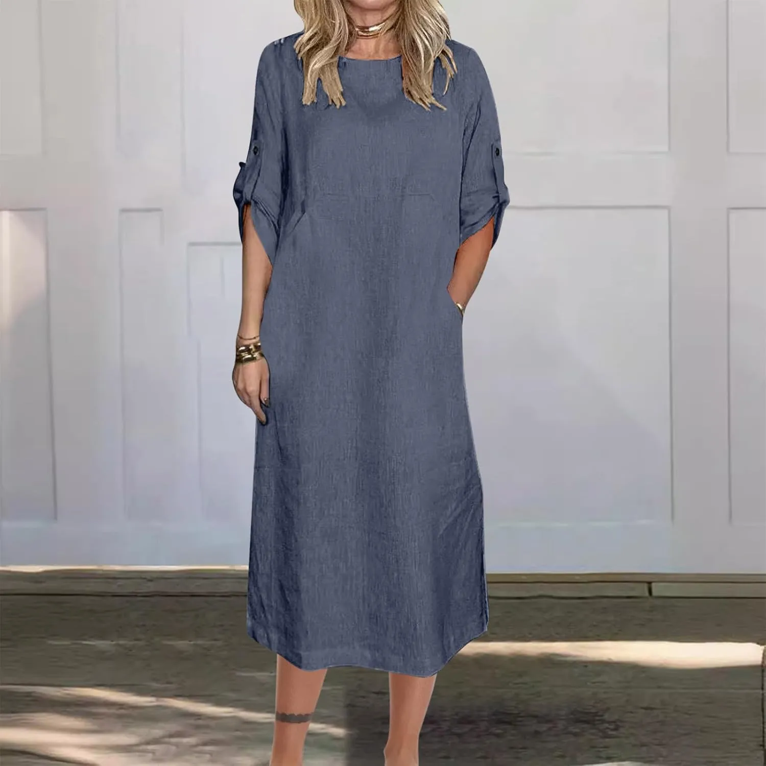Linen Dresses for Women 2025 Cuffed Sleeve Crewneck Solid Color Long Cotton Dress Spring Maxi Dress with Pockets