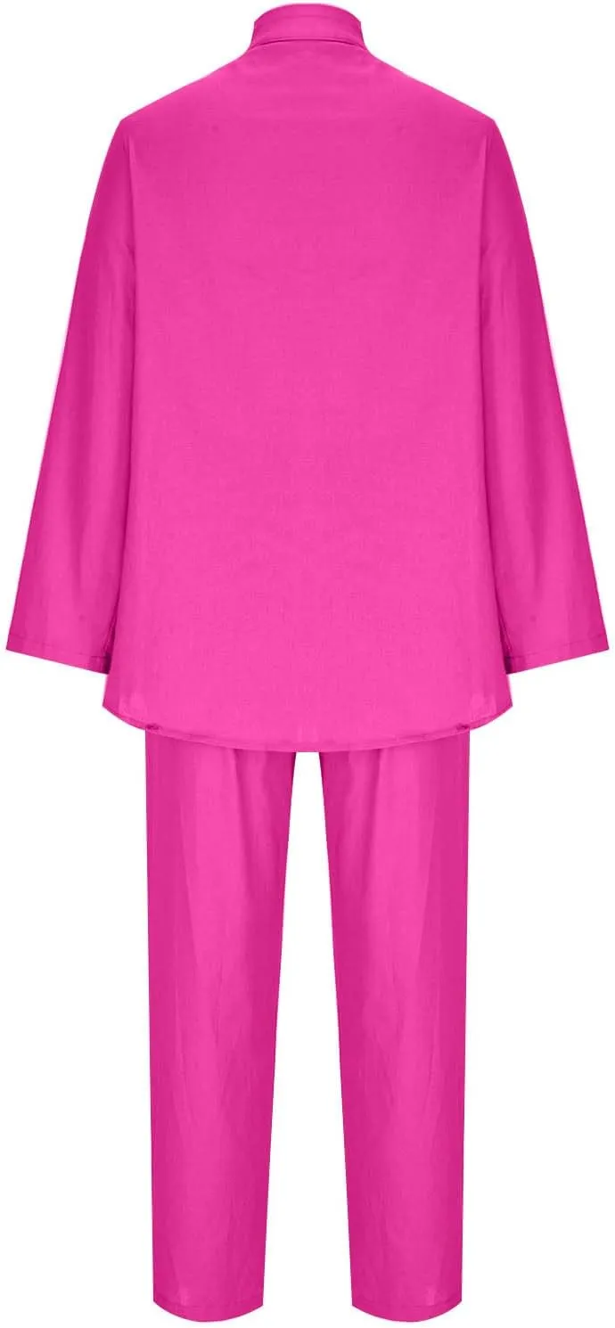 Linen Set for Women 2 Piece Outfits Casual Pants Sets Plus Size Track Suits Solid Color Lounge Wear with Pockets