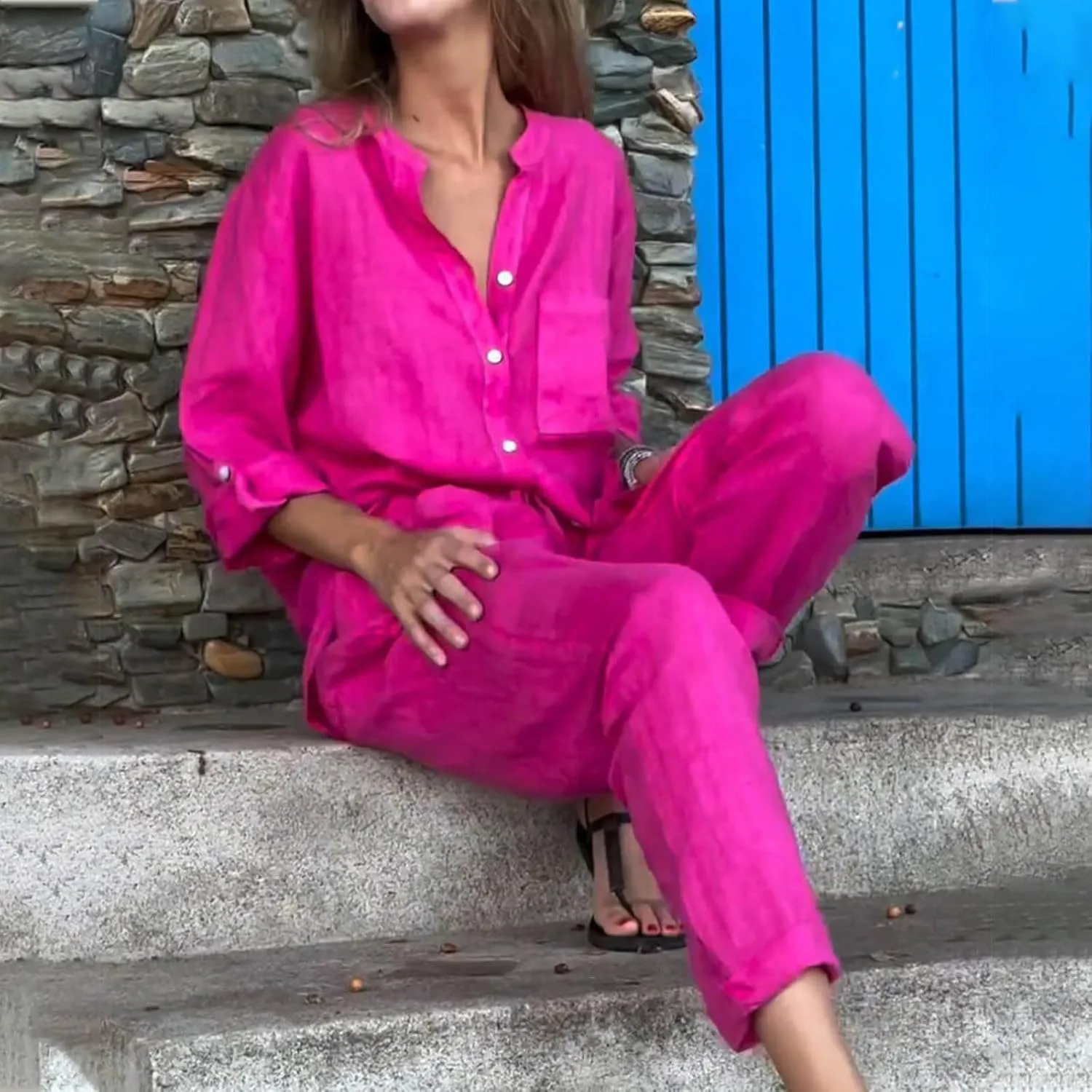 Linen Set for Women 2 Piece Outfits Casual Pants Sets Plus Size Track Suits Solid Color Lounge Wear with Pockets