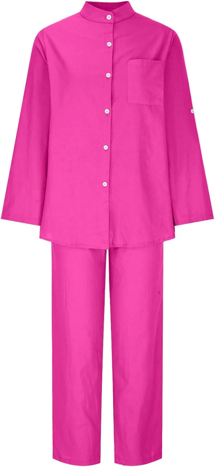 Linen Set for Women 2 Piece Outfits Casual Pants Sets Plus Size Track Suits Solid Color Lounge Wear with Pockets