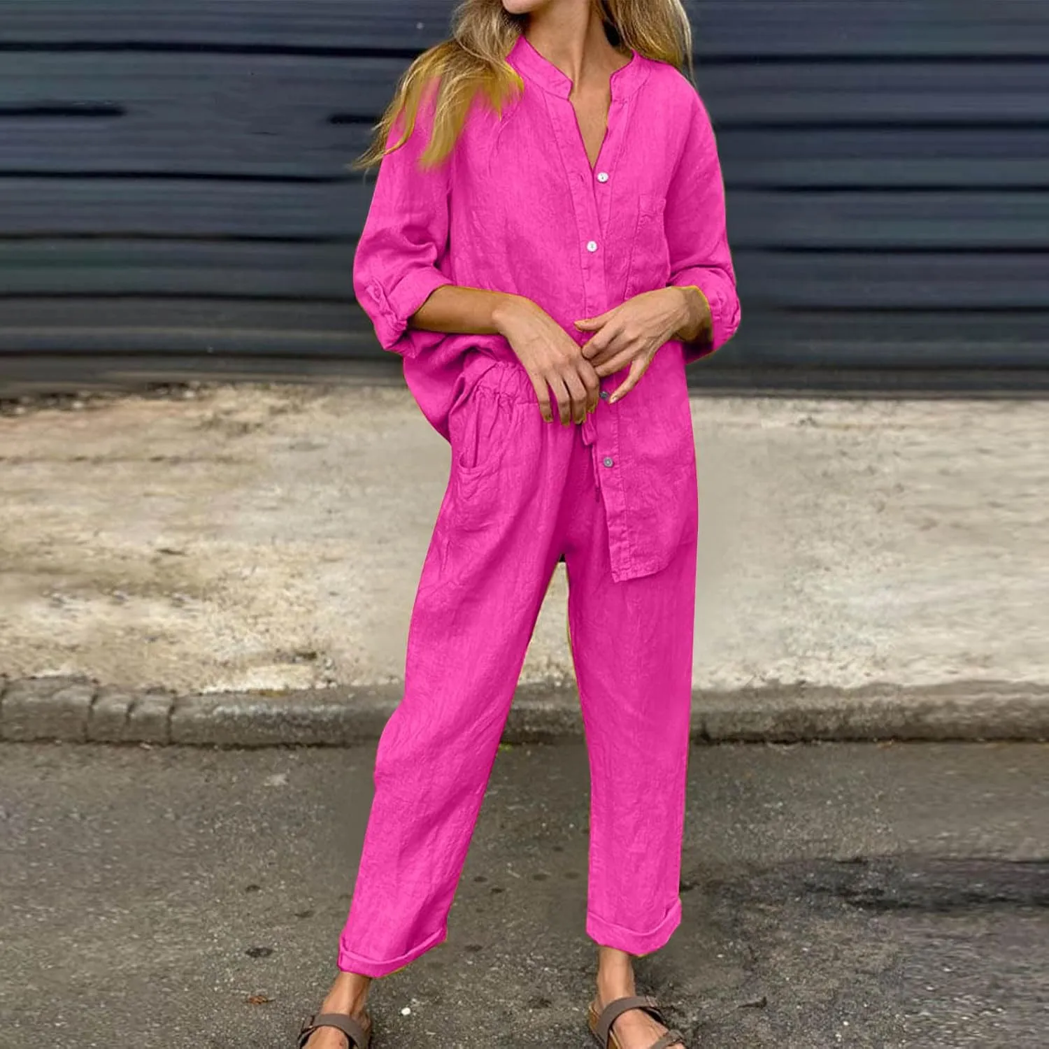 Linen Set for Women 2 Piece Outfits Casual Pants Sets Plus Size Track Suits Solid Color Lounge Wear with Pockets