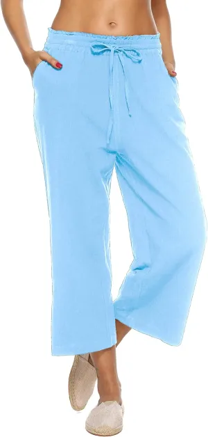 LNX Womens Linen Pants High Waisted Wide Leg Drawstring Casual Loose Trousers with Pockets