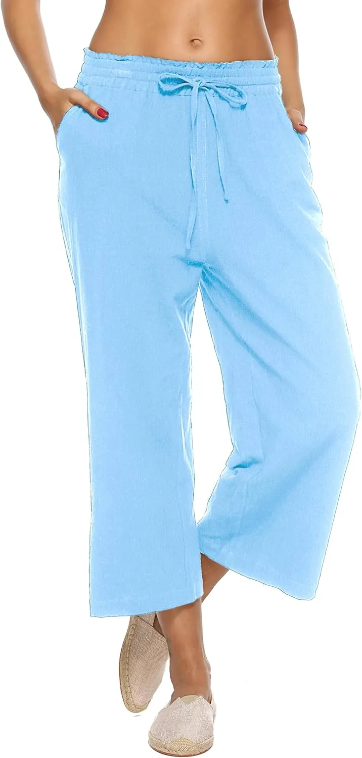 LNX Womens Linen Pants High Waisted Wide Leg Drawstring Casual Loose Trousers with Pockets