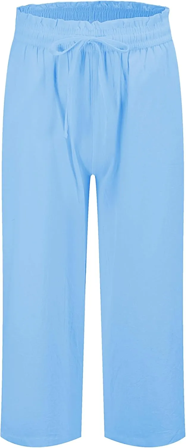 LNX Womens Linen Pants High Waisted Wide Leg Drawstring Casual Loose Trousers with Pockets
