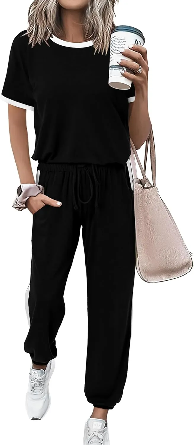 MASCOMODA Womens 2 Piece Outfits 2025 Summer Tracksuit Sets Short Sleeve Tops Travel Long Pants Jogger Lounge Set