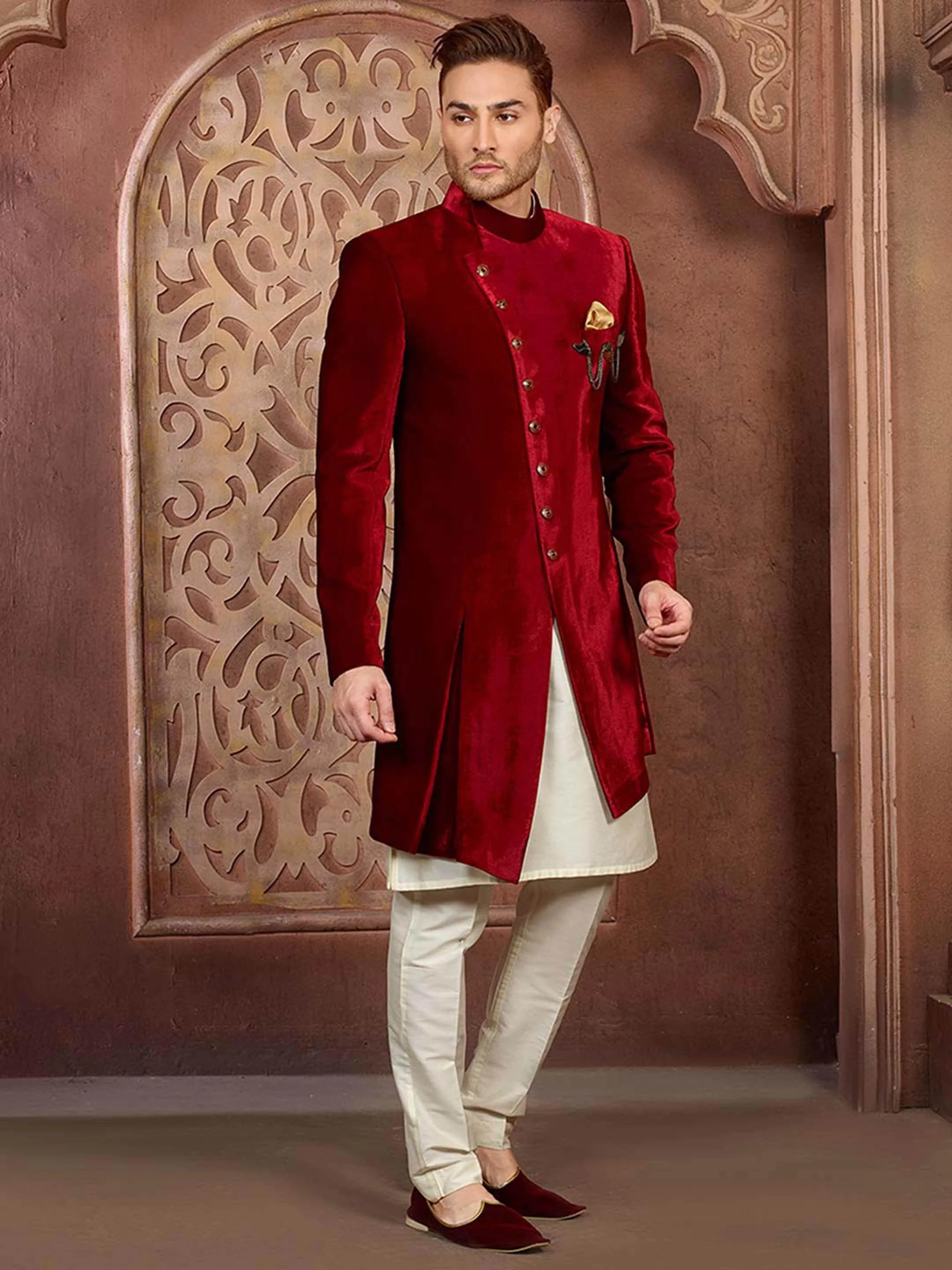 Men Designer Red Velvet Sherwani With Kurta Pajama