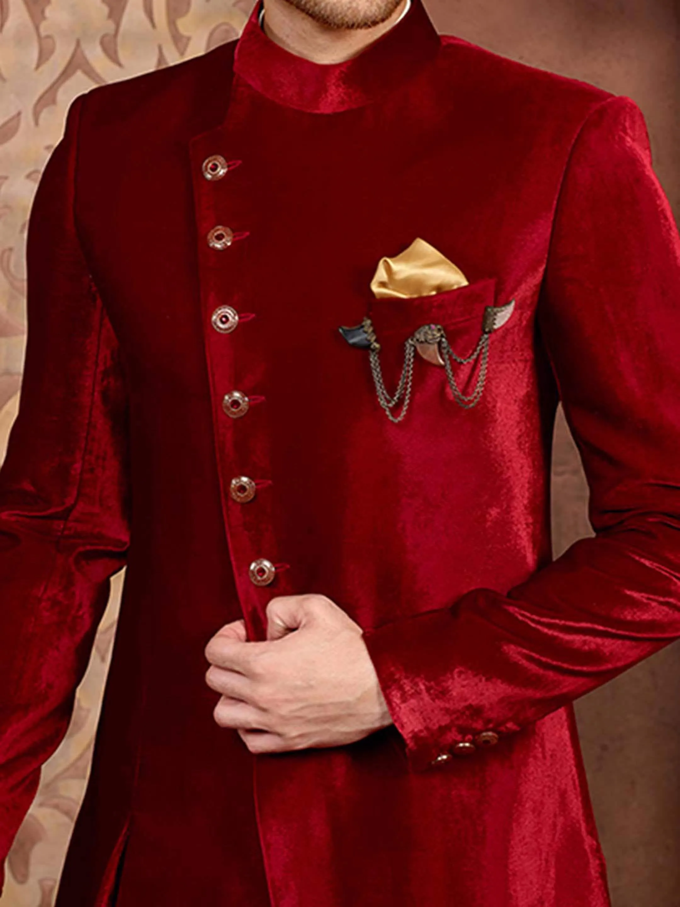 Men Designer Red Velvet Sherwani With Kurta Pajama