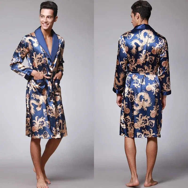 Men Summer Autumn Kimono Bath Robe Silk Satin Golden Dragon Long Bathrobe Dressing Gown Knee Length Black Sleepwear