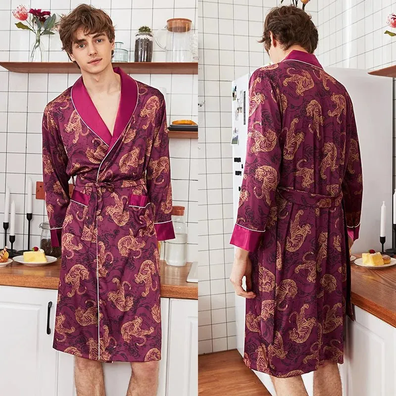 Men Summer Autumn Kimono Bath Robe Silk Satin Golden Dragon Long Bathrobe Dressing Gown Knee Length Black Sleepwear