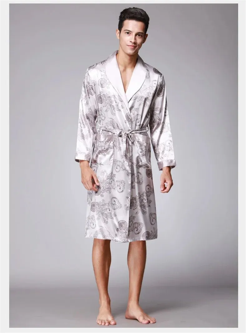 Men Summer Autumn Kimono Bath Robe Silk Satin Golden Dragon Long Bathrobe Dressing Gown Knee Length Black Sleepwear