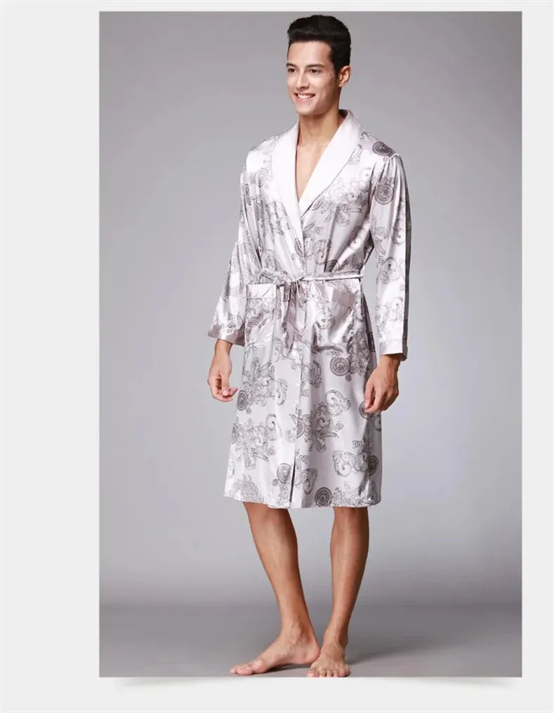 Men Summer Autumn Kimono Bath Robe Silk Satin Golden Dragon Long Bathrobe Dressing Gown Knee Length Black Sleepwear