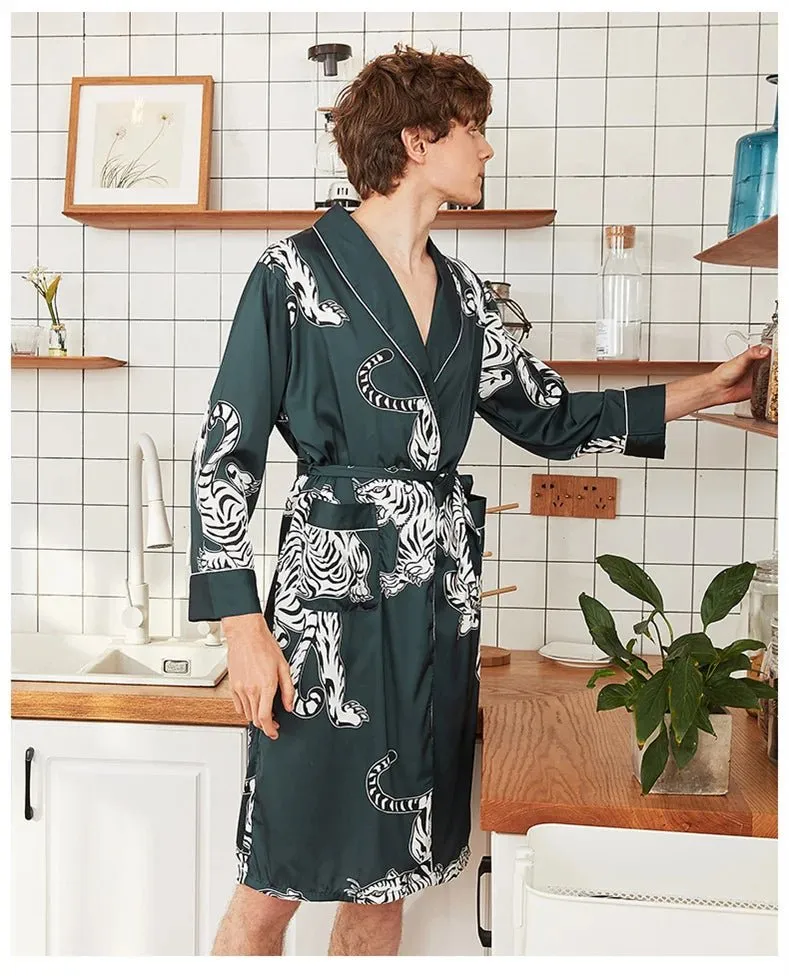 Men Summer Autumn Kimono Bath Robe Silk Satin Golden Dragon Long Bathrobe Dressing Gown Knee Length Black Sleepwear