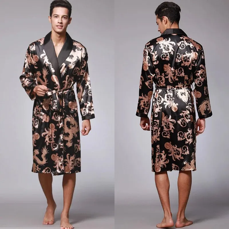 Men Summer Autumn Kimono Bath Robe Silk Satin Golden Dragon Long Bathrobe Dressing Gown Knee Length Black Sleepwear