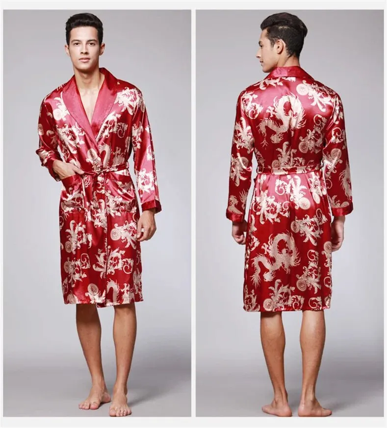 Men Summer Autumn Kimono Bath Robe Silk Satin Golden Dragon Long Bathrobe Dressing Gown Knee Length Black Sleepwear