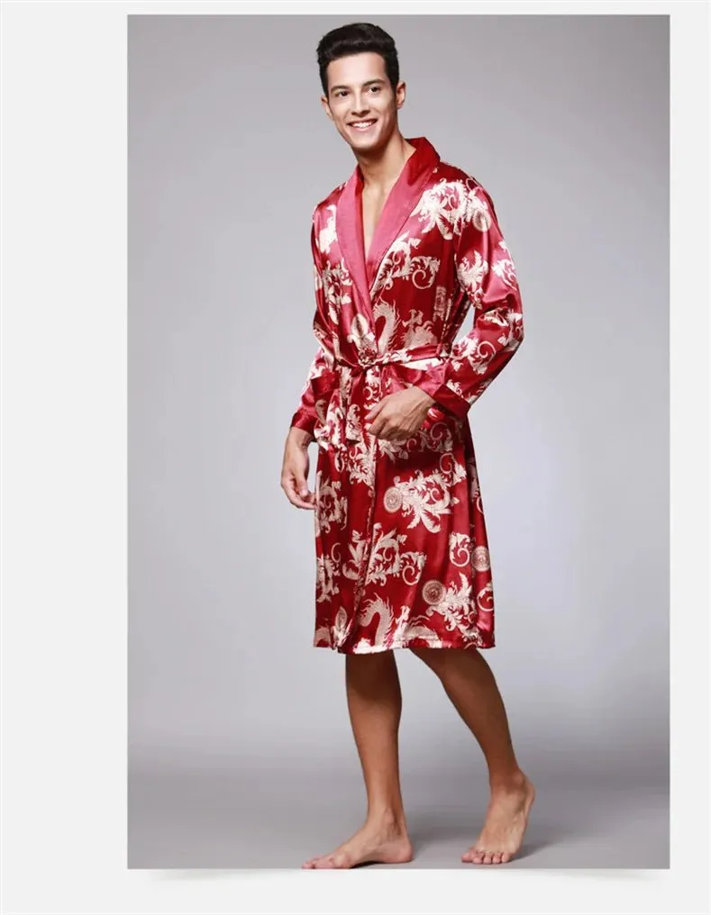 Men Summer Autumn Kimono Bath Robe Silk Satin Golden Dragon Long Bathrobe Dressing Gown Knee Length Black Sleepwear
