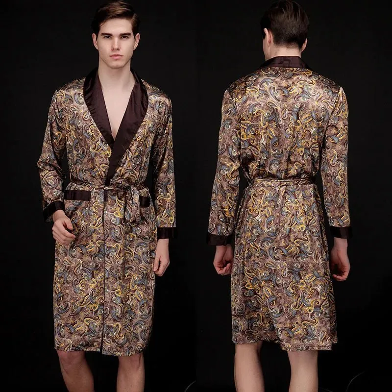 Men Summer Autumn Kimono Bath Robe Silk Satin Golden Dragon Long Bathrobe Dressing Gown Knee Length Black Sleepwear