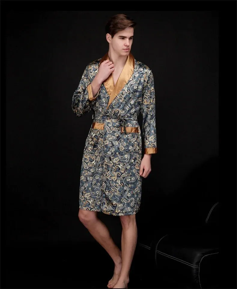 Men Summer Autumn Kimono Bath Robe Silk Satin Golden Dragon Long Bathrobe Dressing Gown Knee Length Black Sleepwear