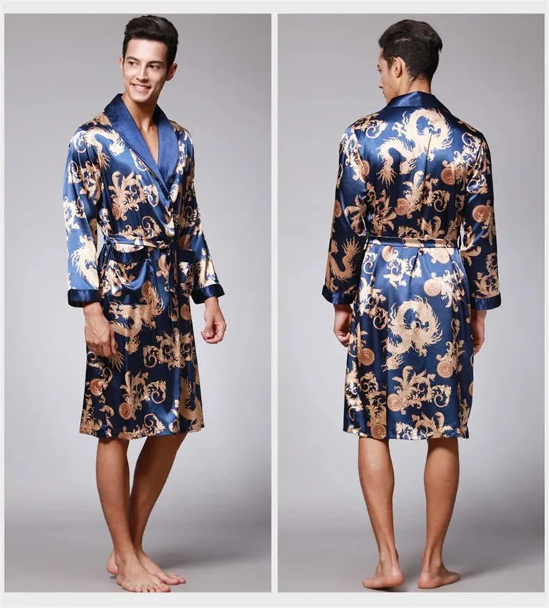 Men Summer Autumn Kimono Bath Robe Silk Satin Golden Dragon Long Bathrobe Dressing Gown Knee Length Black Sleepwear