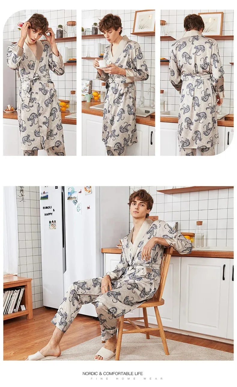 Men Summer Autumn Kimono Bath Robe Silk Satin Golden Dragon Long Bathrobe Dressing Gown Knee Length Black Sleepwear