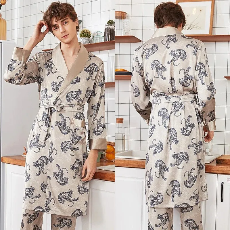 Men Summer Autumn Kimono Bath Robe Silk Satin Golden Dragon Long Bathrobe Dressing Gown Knee Length Black Sleepwear