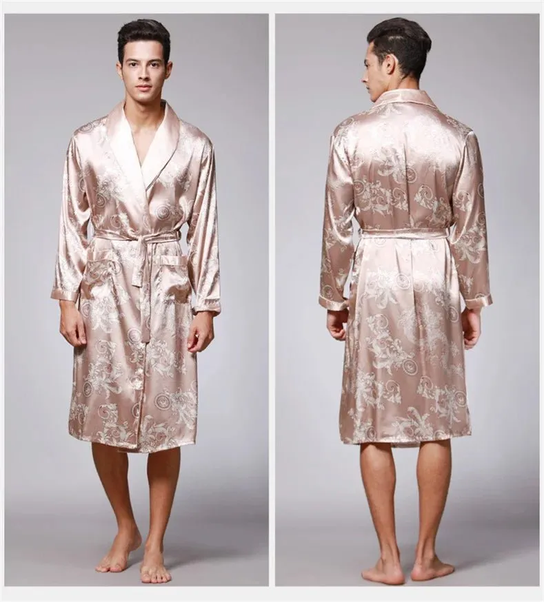 Men Summer Autumn Kimono Bath Robe Silk Satin Golden Dragon Long Bathrobe Dressing Gown Knee Length Black Sleepwear