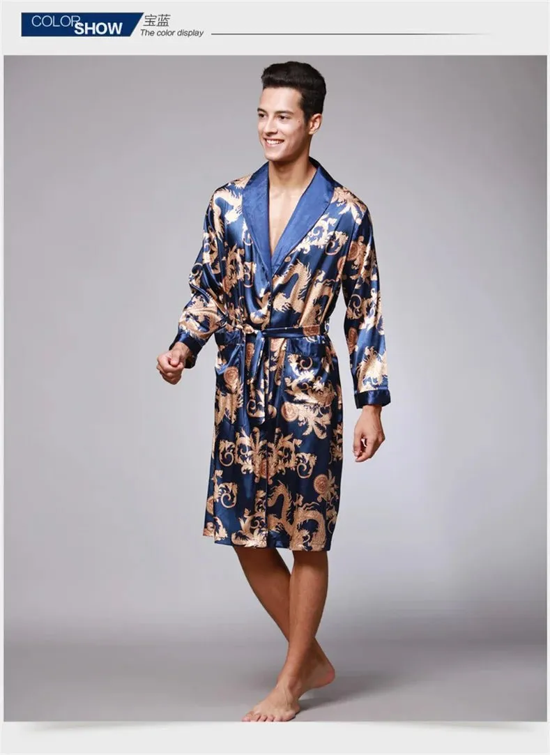 Men Summer Autumn Kimono Bath Robe Silk Satin Golden Dragon Long Bathrobe Dressing Gown Knee Length Black Sleepwear