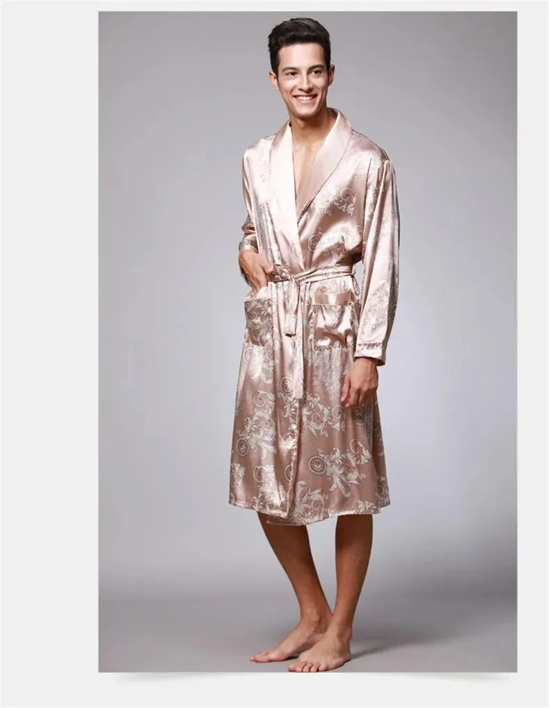 Men Summer Autumn Kimono Bath Robe Silk Satin Golden Dragon Long Bathrobe Dressing Gown Knee Length Black Sleepwear