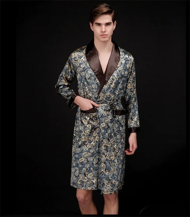 Men Summer Autumn Kimono Bath Robe Silk Satin Golden Dragon Long Bathrobe Dressing Gown Knee Length Black Sleepwear