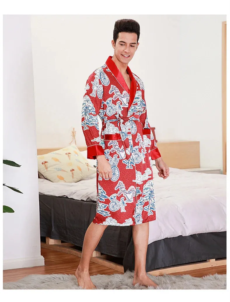 Men Summer Autumn Kimono Bath Robe Silk Satin Golden Dragon Long Bathrobe Dressing Gown Knee Length Black Sleepwear